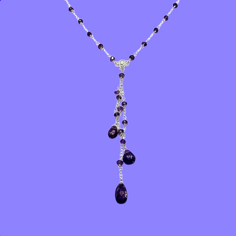 Natural Briolette Amethyst 10x6mm 925‎ Sterling Silver Necklace 17.5"